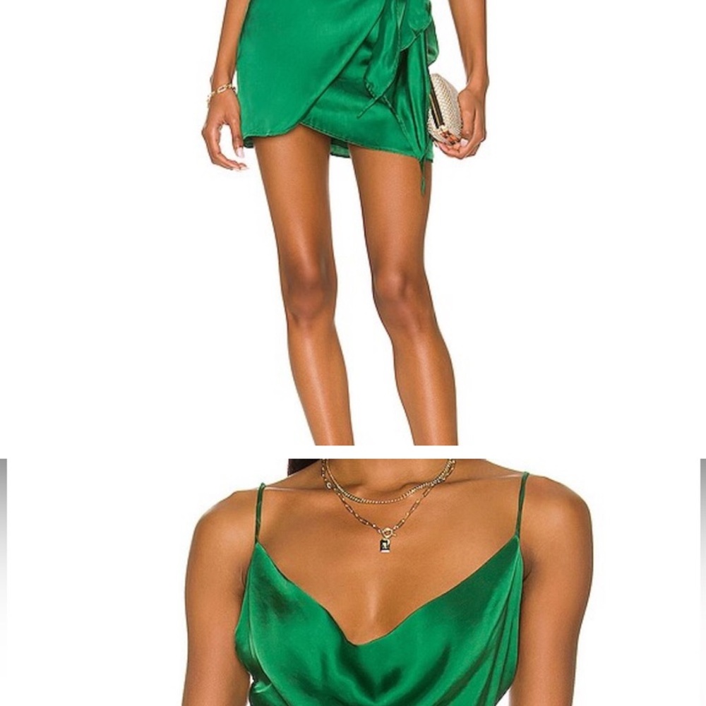 INDAH Emerald Satin Cowl Neck Crop Top + Wrap Mini Skirt Set | XL fits M/L - Picture 2 of 4